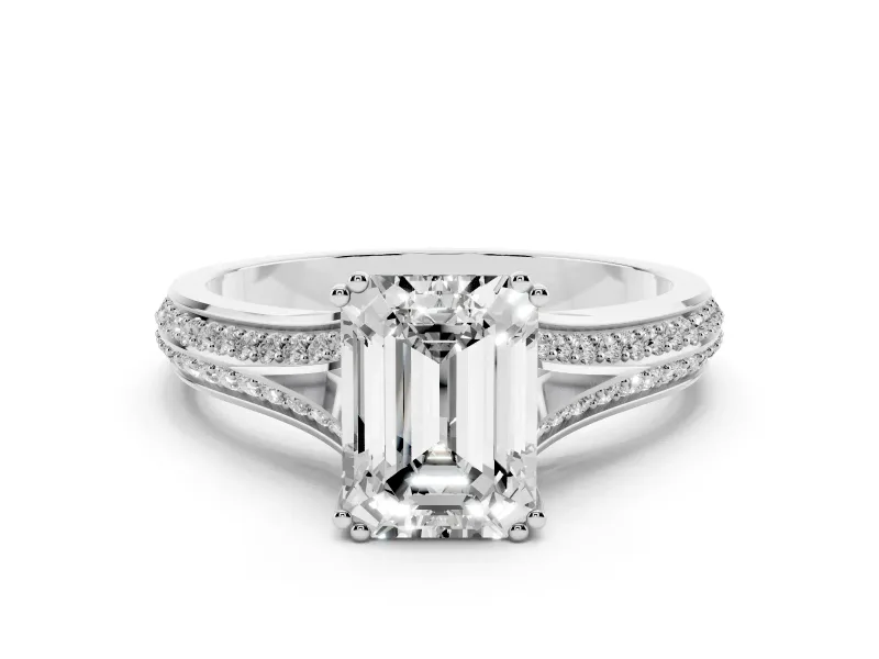 Emerald Cut Diamond Split Shank Pavé Engagement Ring Set in Platinum with Prong-Set Center Stone