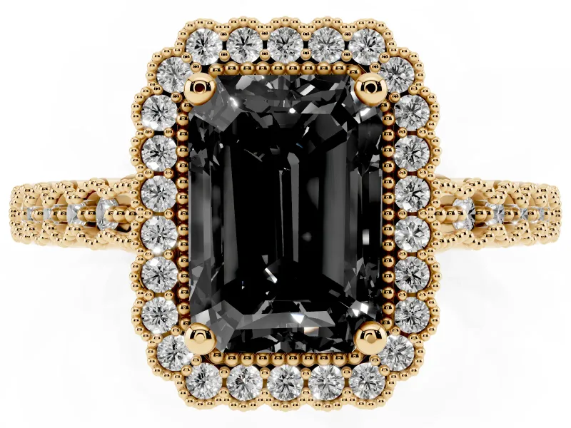 Radiant Cut Milgrain Halo Engagement Ring Setting for a Black Center | Yellow Gold