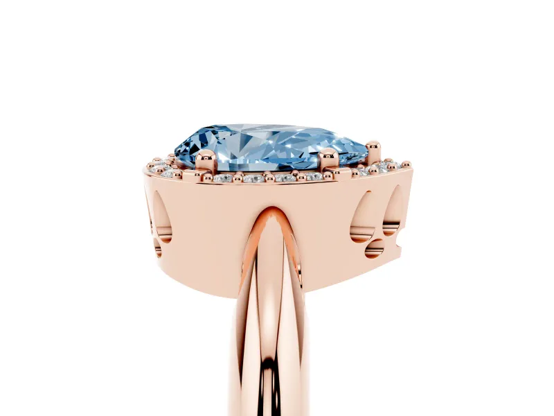 Fancy Blue Pear Cut Diamond Halo Engagement Ring Set in Rose gold with Plain Split Shank and Prong Setting