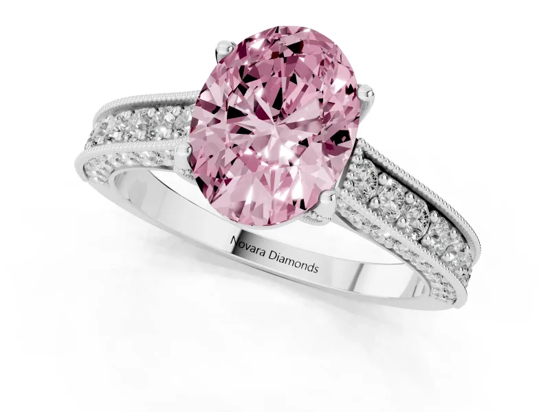 Oval Vintage Hidden Halo Engagement Ring Setting for a Fancy Pink Lab-Grown Diamond | Milgrain Pave Band | Platinum