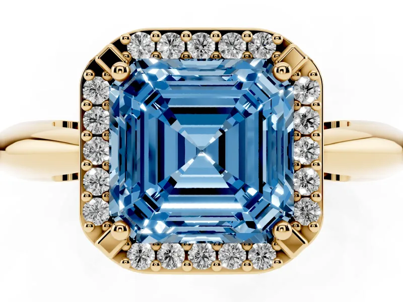 Fancy Blue Asscher Cut Diamond Halo Engagement Ring Set in Yellow gold with Plain Split Shank and Prong Setting