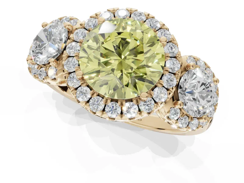 Round Three Stone Halo Engagement Ring Setting for a Fancy Yellow Lab-Grown Diamond | Yellow Gold