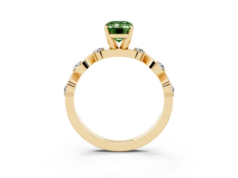 Fancy Green Emerald Cut Diamond Solitaire Ring Set in Yellow gold with Ribbon Twist Band, Round Accents and Prong Setting