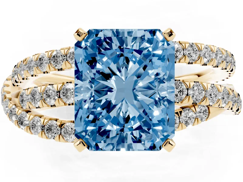 Fancy Blue Radiant Cut Diamond Solitaire Twist Band Ring Set in Yellow gold with Pavé Setting and Prong Head