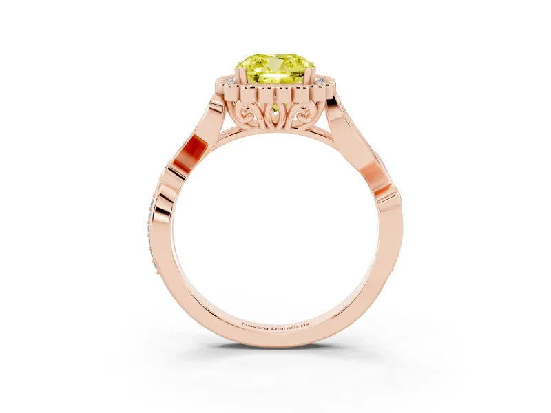 Cushion Cut Leaf Halo Engagement Ring Setting for a Fancy Yellow Lab-Grown Diamond | Rose Gold