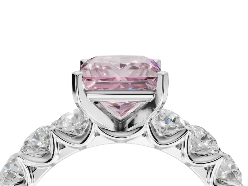 Princess Cut Side Stone Engagement Ring Setting for a Fancy Pink Lab-Grown Diamond | Scalloped Prong Accents | Platinum