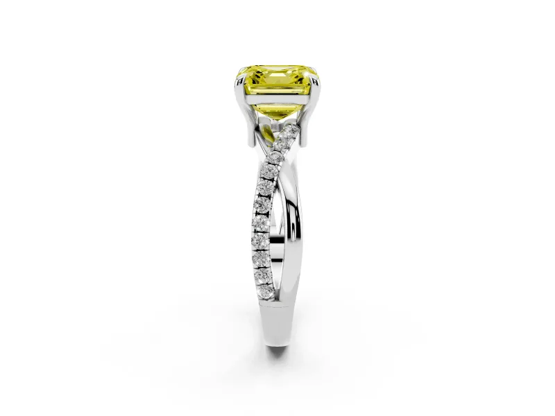 Fancy Yellow Asscher Cut Diamond Twist Band Solitaire Set in Silver with Pavé Accents and Prong Setting