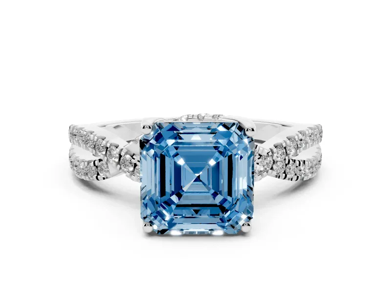Fancy Blue Asscher Cut Diamond Twist Pavé Solitaire Engagement Ring Set in Platinum with Prong Setting