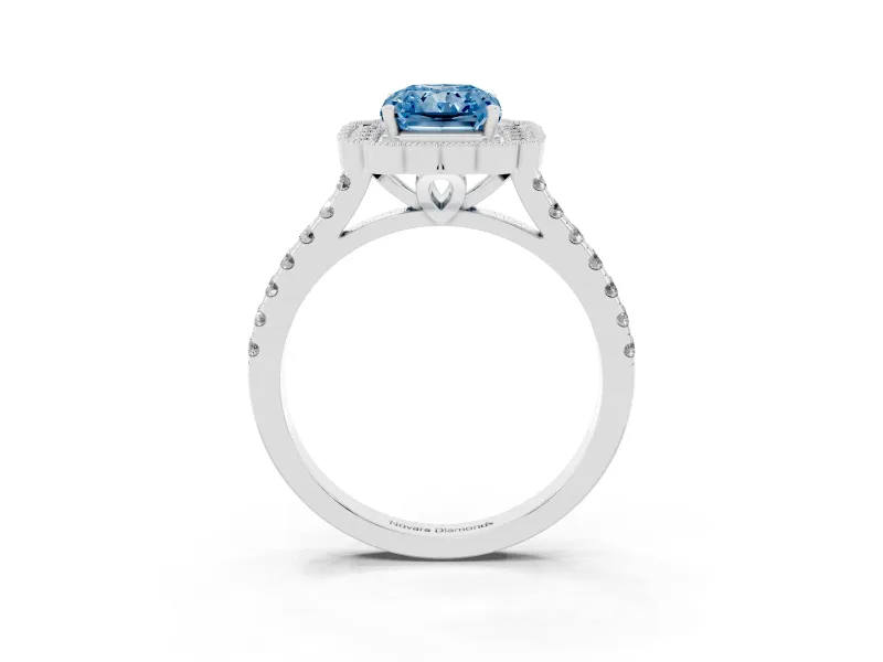 Fancy Blue Radiant Cut Diamond Milgrain Floral Halo Engagement Ring Set in Platinum with Pavé Band
