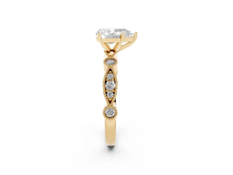 Pear-Shaped Vintage Milgrain Solitaire Engagement Ring Setting | Bezel Accents | Yellow Gold