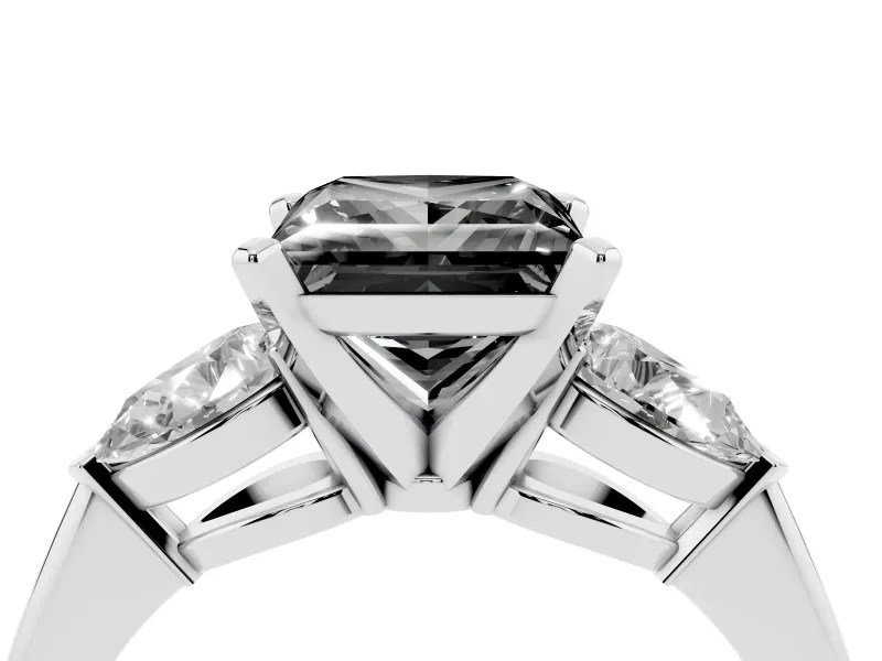 Fancy Black Three-Stone Princess Cut Diamond Ring Set in Silver with Pear Side Stones and Prong Setting