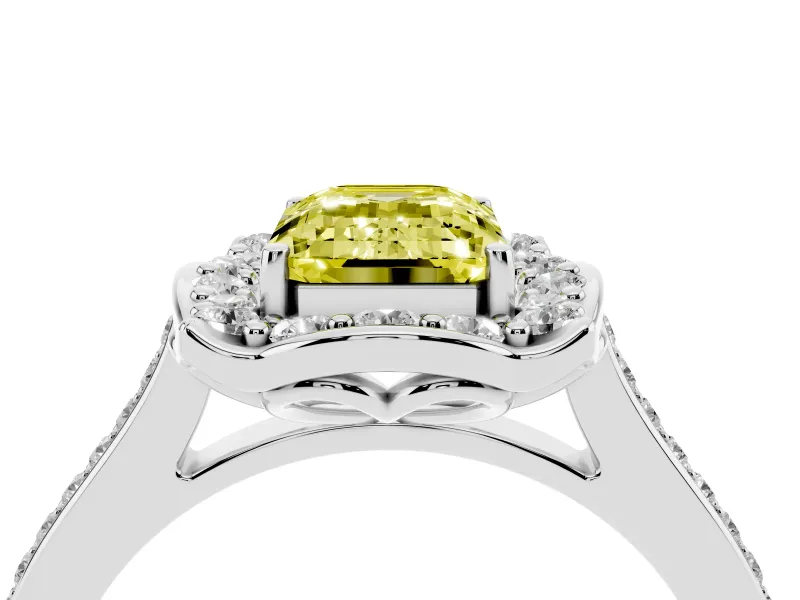 Emerald Cut Petal Tip Halo Engagement Ring Setting for a Fancy Yellow Lab-Grown Diamond | Pavé Band | Platinum