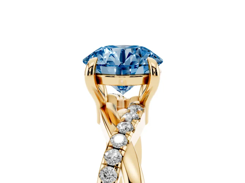 Fancy Blue Round Cut Diamond Twist Band Solitaire Set in Yellow gold with Pavé Accents and Prong Setting
