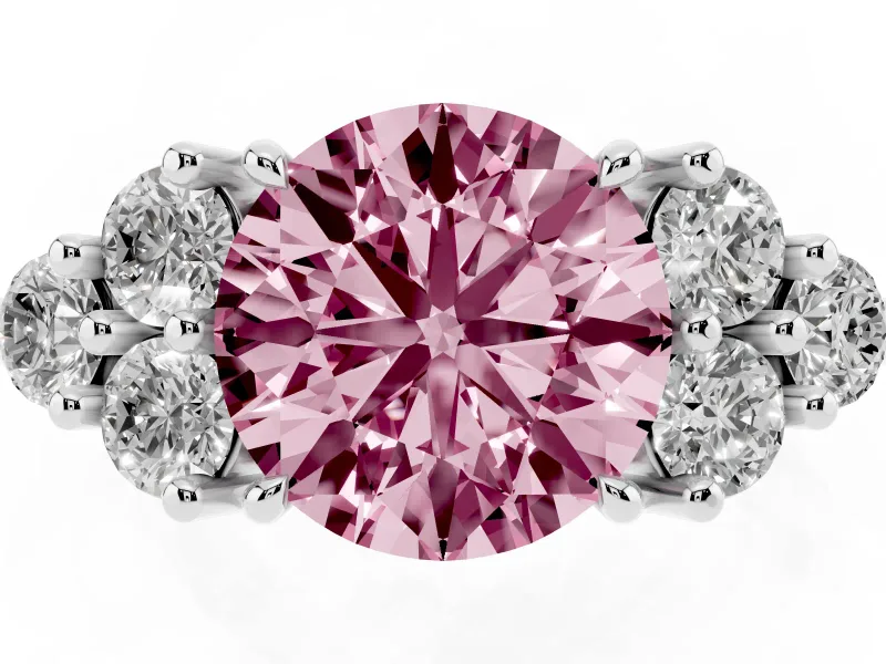 Round Cluster Side Stone Engagement Ring Setting for a Fancy Pink Lab-Grown Diamond | Plain Band | Sterling Silver