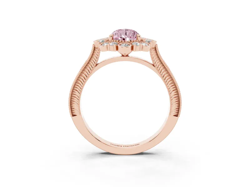 Fancy Pink Pear Cut Diamond Halo Milgrain Pavé Ring Set in Rose gold with Prong Setting