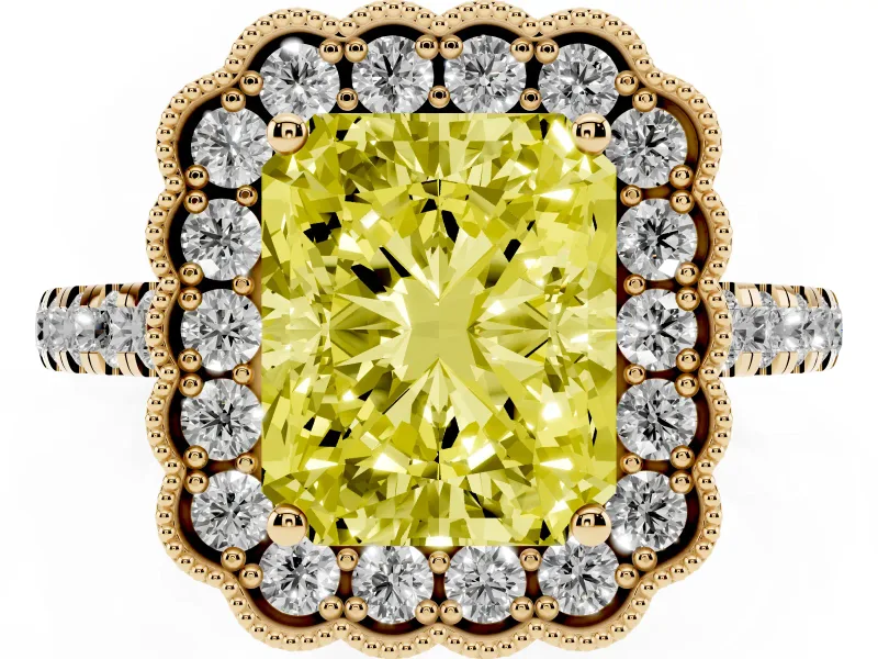 Radiant Cut Milgrain Floral Halo Engagement Ring Setting for a Fancy Yellow Lab-Grown Diamond | Pavé Band | Yellow Gold