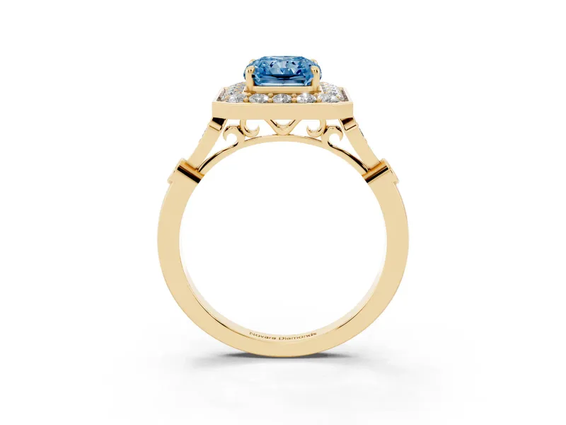 Radiant Cut Halo Engagement Ring Setting for a Fancy Blue Lab-Grown Diamond | Bezel Station Shoulders | Yellow Gold