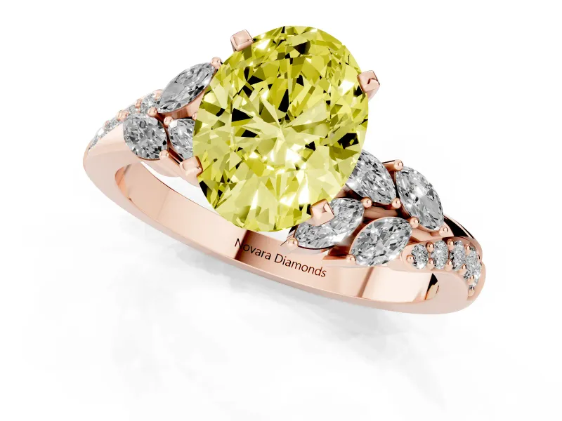Fancy Yellow Oval Cut Diamond Solitaire Ring Set in Rose gold with Marquise Twist Band and Prong Setting