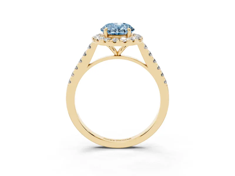 Oval Halo Engagement Ring Setting for a Fancy Blue Lab-Grown Diamond | Pave Shoulders | Yellow Gold
