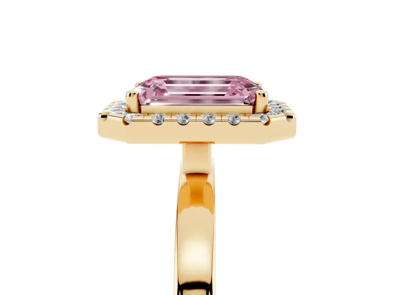 Fancy Pink Emerald Cut Diamond Halo Solitaire Ring Set in Yellow gold with Pavé Band and Prong Setting