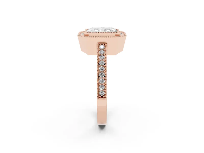 Radiant Cut Diamond Halo Engagement Ring Set in Rose gold with Pavé Band and Round Halo Stones
