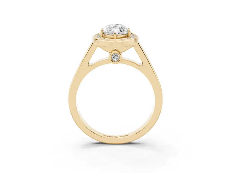 Marquise Cut Diamond Halo Solitaire Ring Set in Yellow gold with Pavé Band and Bezel Setting