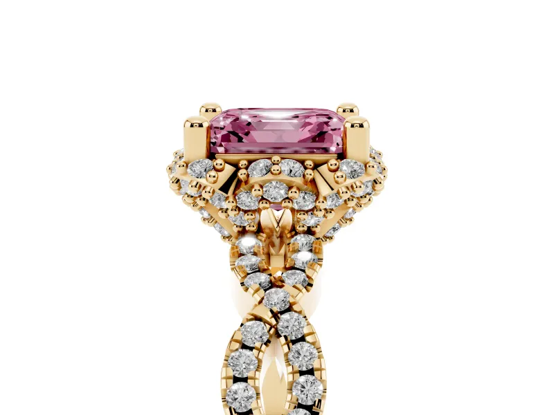 Fancy Pink Asscher Cut Diamond Halo Twist Band Solitaire Ring Set in Yellow gold with Prong-Set Center Stone