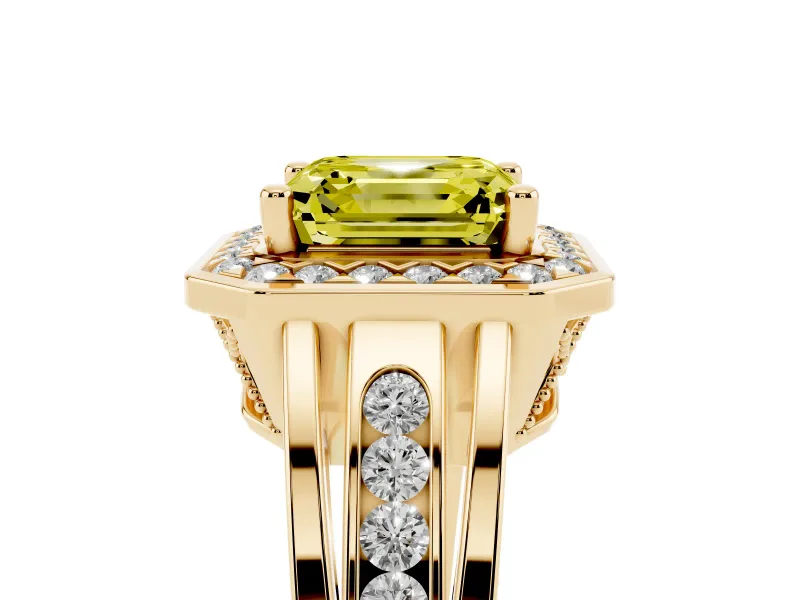 Asscher Cut Halo Engagement Ring Setting for a Fancy Yellow Lab-Grown Diamond | Channel-Set Split Shank | Yellow Gold