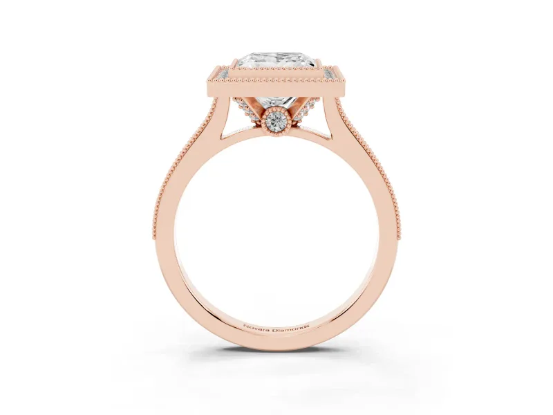 Princess Cut Vintage Milgrain Halo Engagement Ring Setting | Bezel Head | Rose Gold