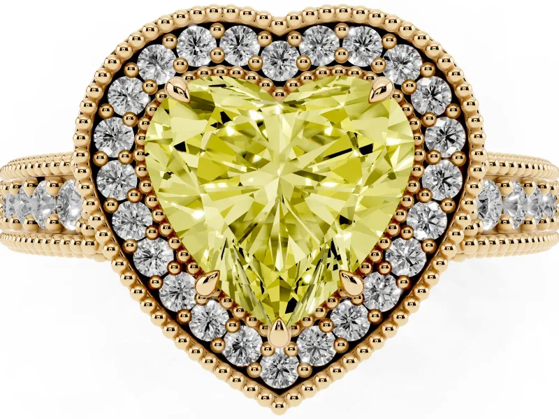 Fancy Yellow Heart Cut Diamond Halo Ring Set in Yellow gold with Round Accent Halo, Pavé Band and Prong Setting