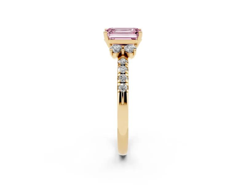 Emerald Cut Side Stone Engagement Ring Setting for a Fancy Pink Lab-Grown Diamond | Pave Band | Yellow Gold
