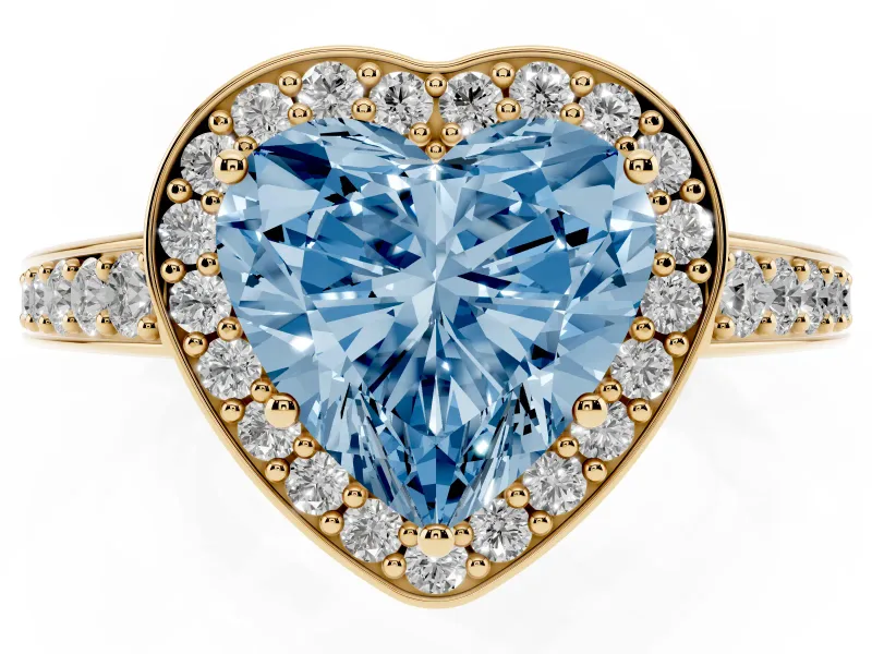 Fancy Blue Heart Cut Diamond Halo Pavé Engagement Ring Set in Yellow gold with Bezel Setting