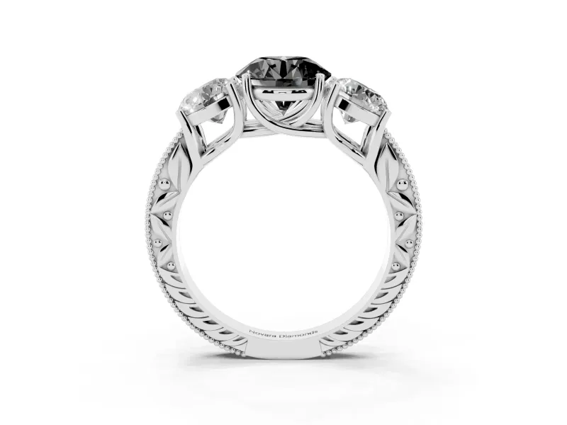 Round Vintage Three Stone Engagement Ring Setting for a Black Center | Milgrain Pavé Band | Platinum