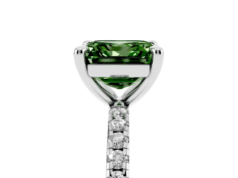 Fancy Green Asscher Cut Diamond Brilliant Solitaire Ring Set in Platinum with Pavé Band and Prong Setting