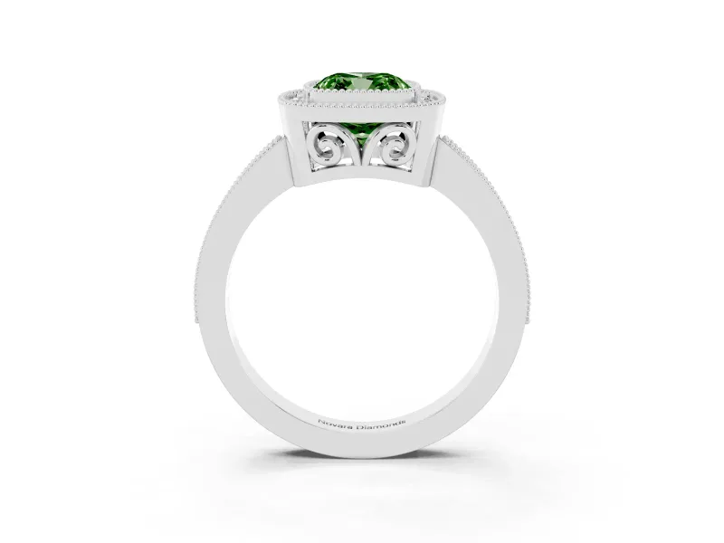 Fancy Green Cushion Cut Diamond Halo Ring Set in White gold with Pavé Band and Milgrain-Edged Prongs