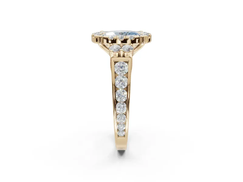 Oval Halo Engagement Ring Setting for a Fancy Blue Lab-Grown Diamond | Side Clusters | Yellow Gold