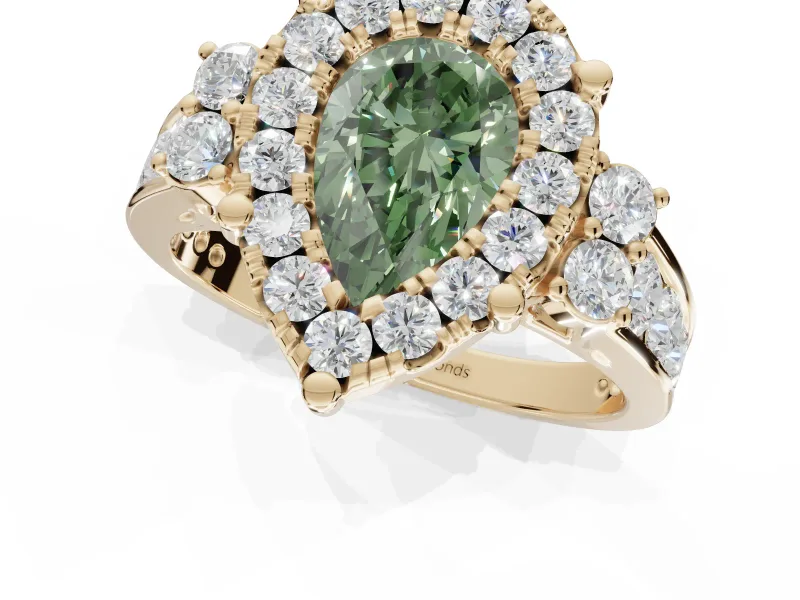 Pear-Shaped Halo Engagement Ring Setting for a Fancy Green Lab-Grown Diamond | Graduated Channel Band | Yellow Gold