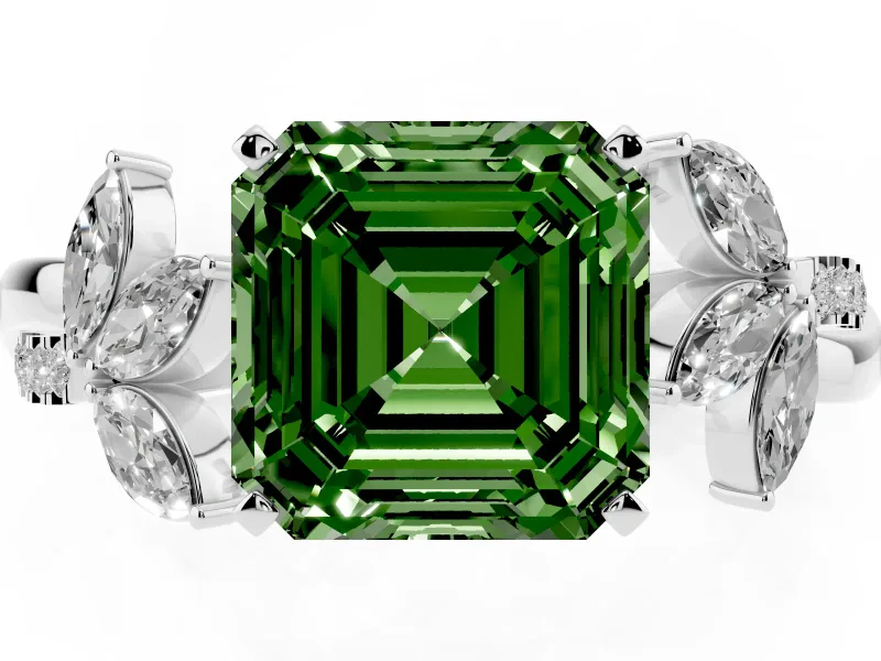 Fancy Green Asscher Cut Diamond Floral Vine Solitaire Engagement Ring Set in Platinum with Marquise Leaves