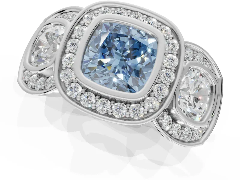Cushion Cut Three Stone Halo Engagement Ring Setting for a Fancy Blue Lab-Grown Diamond | White Gold