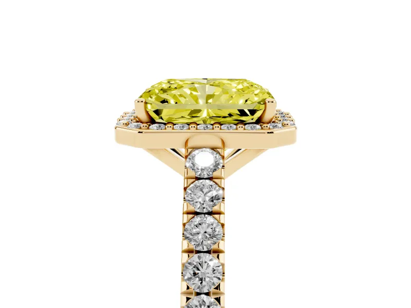 Fancy Yellow Radiant Cut Diamond Halo Engagement Ring Set in Yellow gold with Pavé Band and Prong Setting