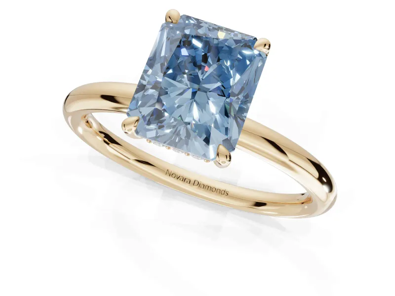 Radiant Cut Hidden Halo Ring Setting for a Fancy Blue Lab-Grown Diamond | Yellow Gold