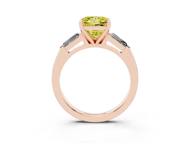 Fancy Yellow Princess Cut Diamond Solitaire Ring Set in Rose gold with Tapered Baguette Side Stones and Prong Setting