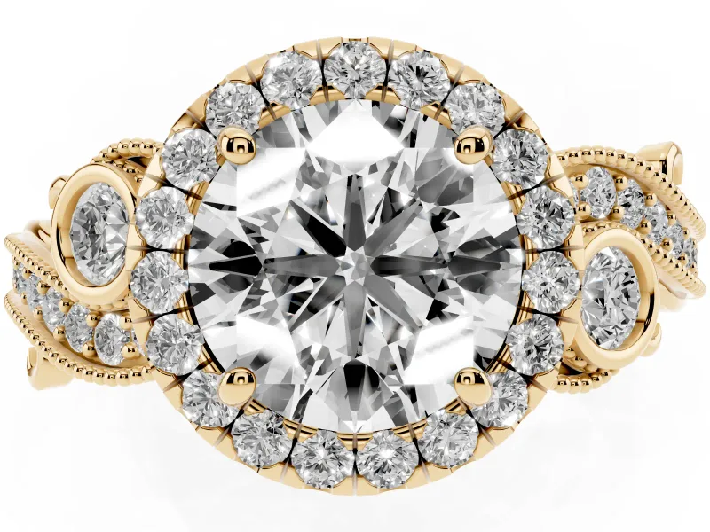 Round Vintage Milgrain Halo Engagement Ring Setting | Bezel Shoulder Accents | Yellow Gold