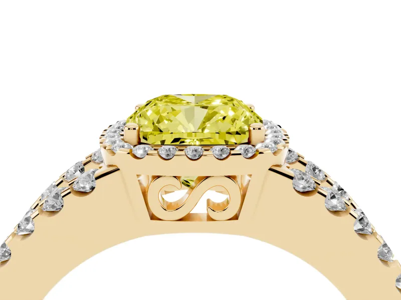 Fancy Yellow Cushion Cut Diamond Halo Ring Set in Yellow gold with Pavé Split Shank and Prong Setting