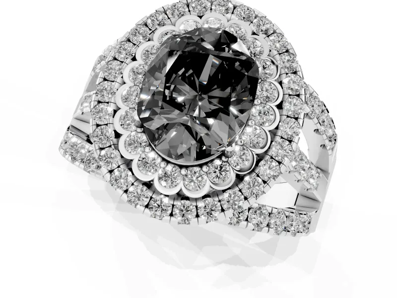 Oval Double Halo Split Shank Engagement Ring Setting for a Black Center | Pavé Strands | White Gold