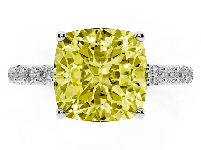 Cushion Cut Pave Solitaire Engagement Ring Setting for a Fancy Yellow Lab-Grown Diamond | Slim Band | Sterling Silver