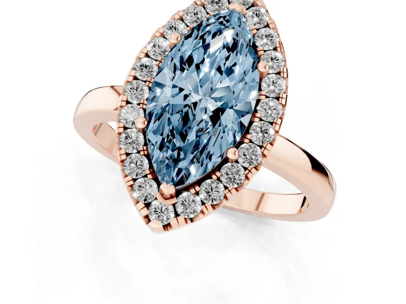 Fancy Blue Marquise Cut Diamond Halo Solitaire Ring Set in Rose gold with Pavé Band and Prong Setting