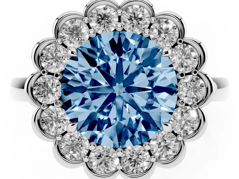Round Scalloped Cluster Halo Engagement Ring Setting for a Fancy Blue Lab-Grown Diamond | Plain Band | Platinum