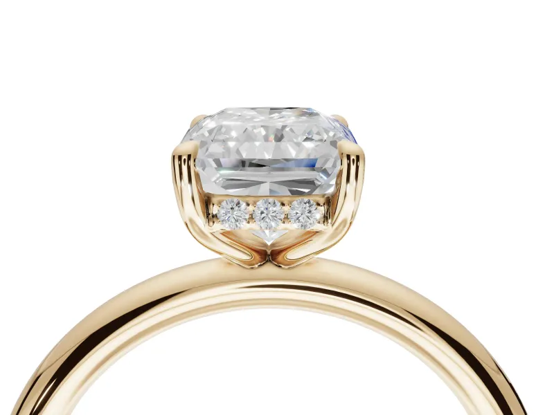 Radiant Cut Hidden Halo Engagement Ring Setting | Thin Plain Band | Yellow Gold