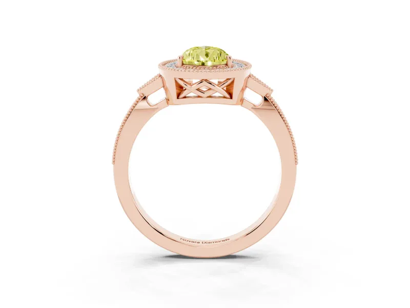 Fancy Yellow Pear Cut Diamond Halo Engagement Ring Set in Rose gold with Milgrain Pavé Band